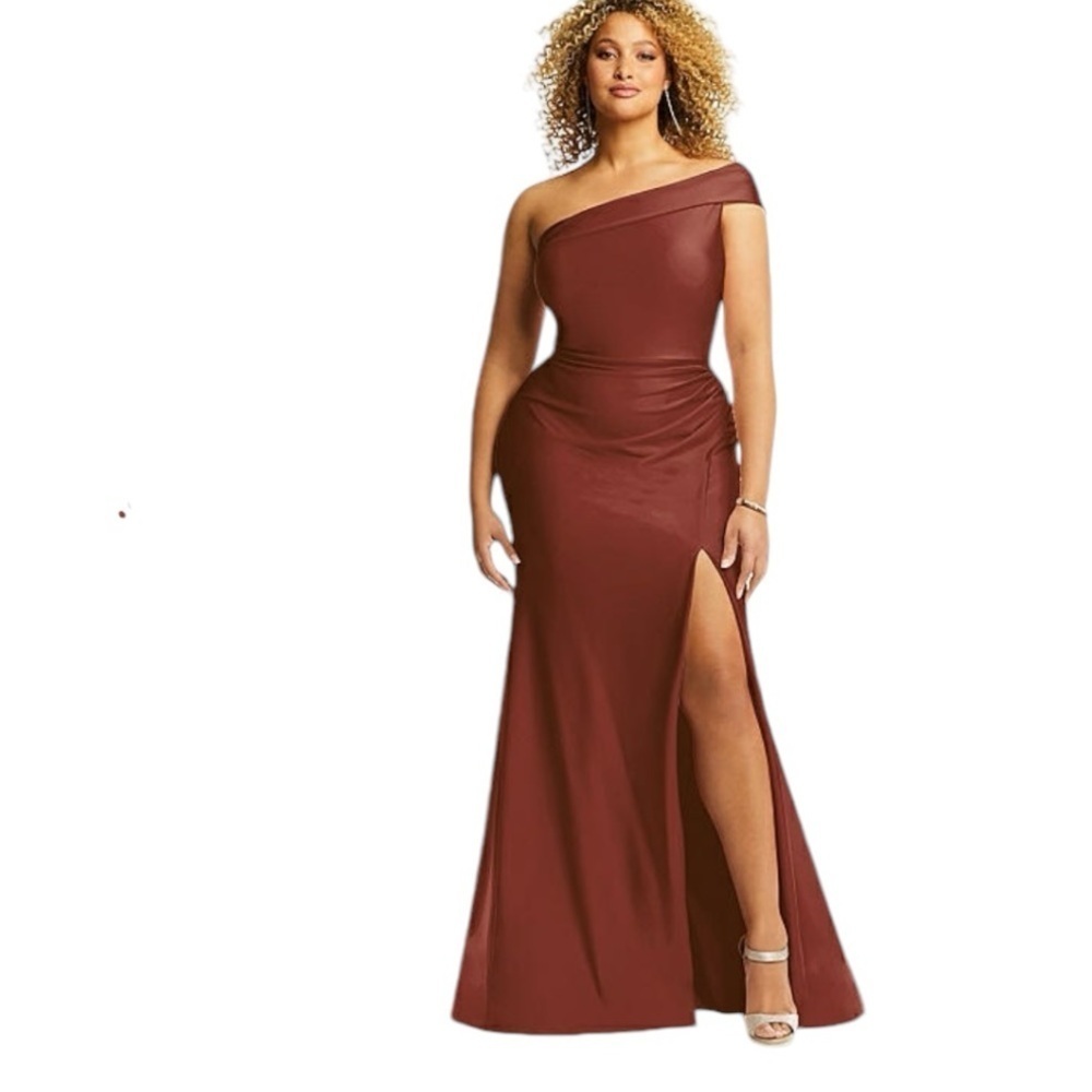 One Shoulder Satin Mermaid Evening Gown in Auborn Moon NEW Cynthia & Sahar CS107